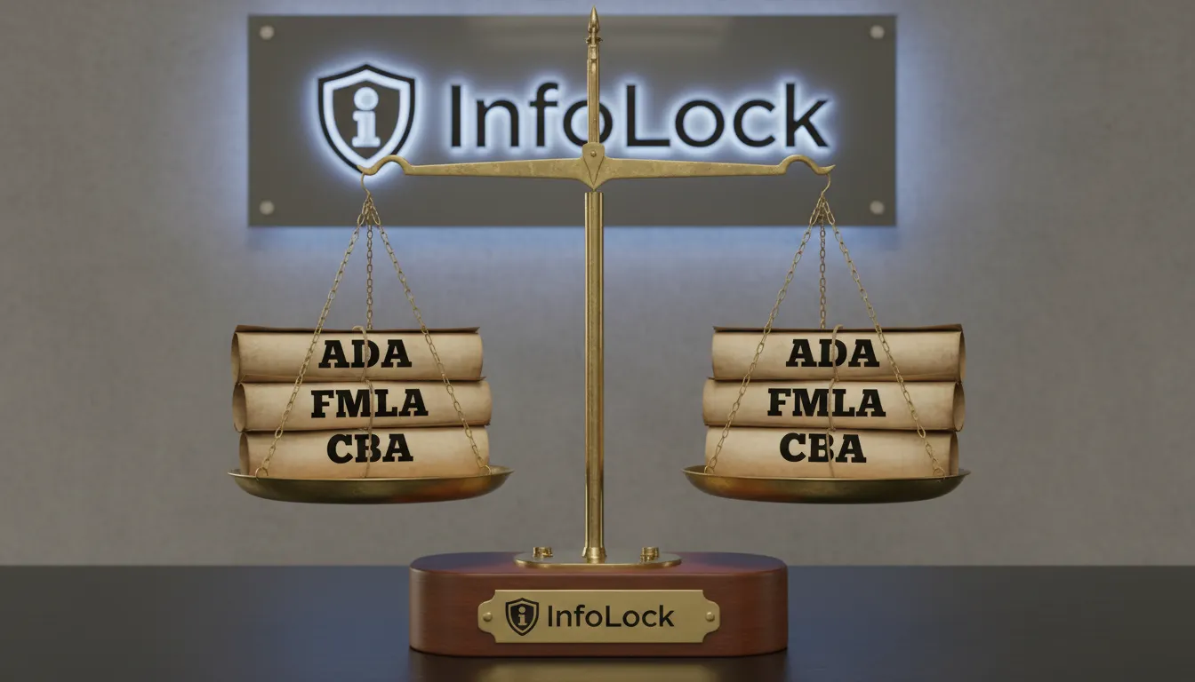 Balança equilibrada com ADA, FMLA e CBA em cada lado, simbolizando o 'legal obligations overlap' e a necessidade de equilíbrio. Logo da InfoLock na base da balança.