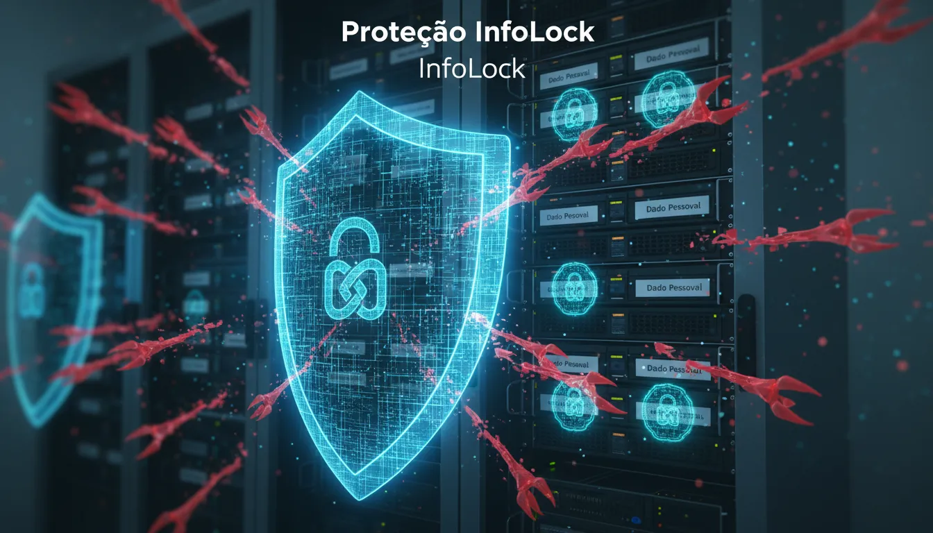 Escudo digital InfoLock protegendo servidores contra ataques. Garante a integridade de todo dado pessoal e sensível, prevenindo vazamentos.