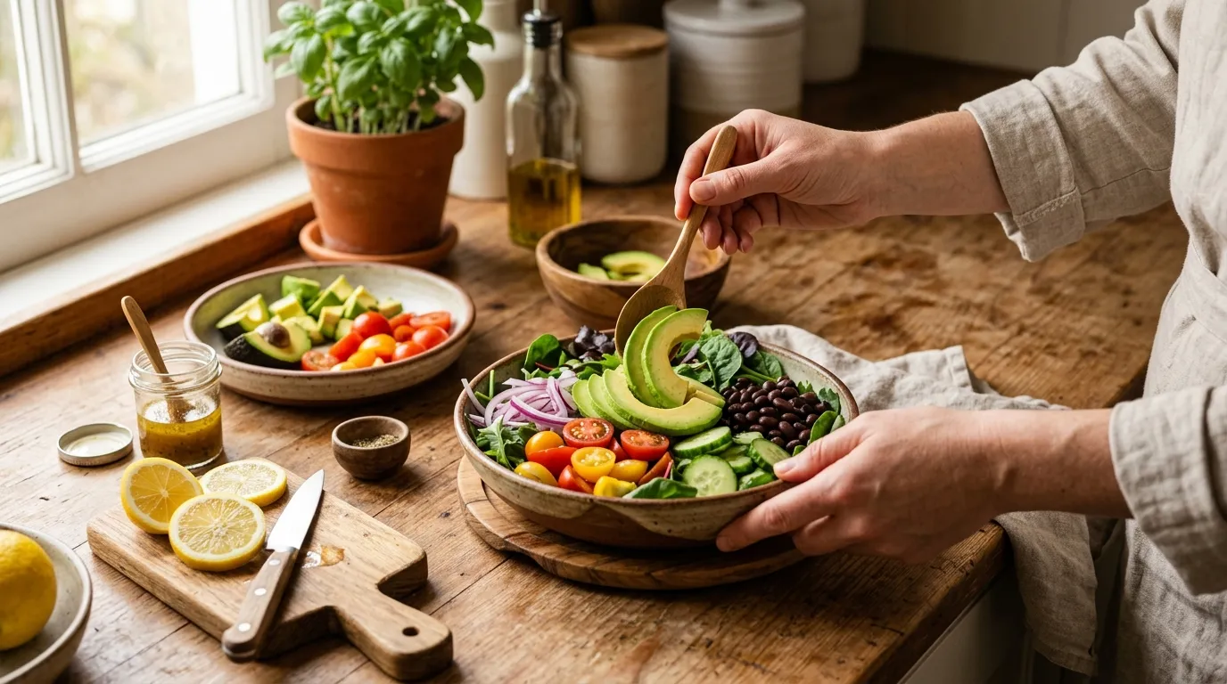 Preparação de refeição saudável com vegetais para manter a saúde física e emocional.