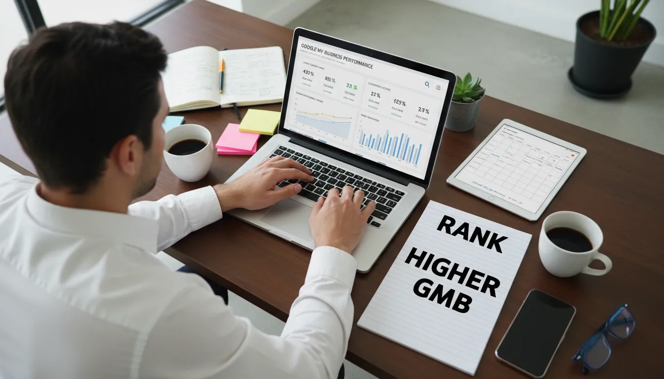 Visão superior de um empreendedor analisando dados de performance do Google My Business em um laptop. Anotações sobre como ranquear mais alto.