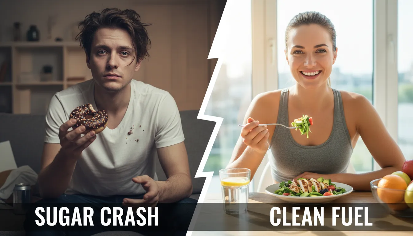 Comparativo do impacto de parar de comer açúcar por 7 dias na energia e disposição, com antes e depois visíveis.