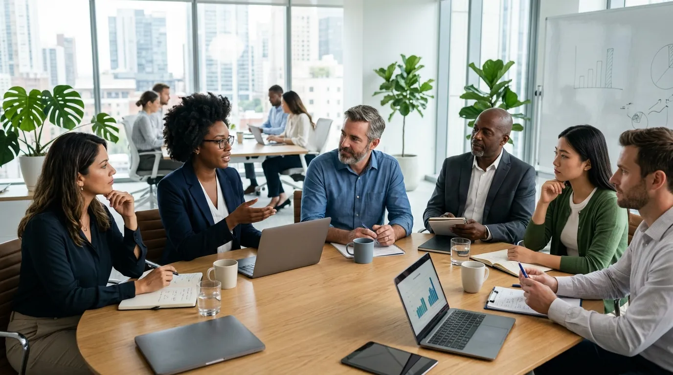 Profissionais aplicando inteligência emocional em reuniões de trabalho colaborativas.