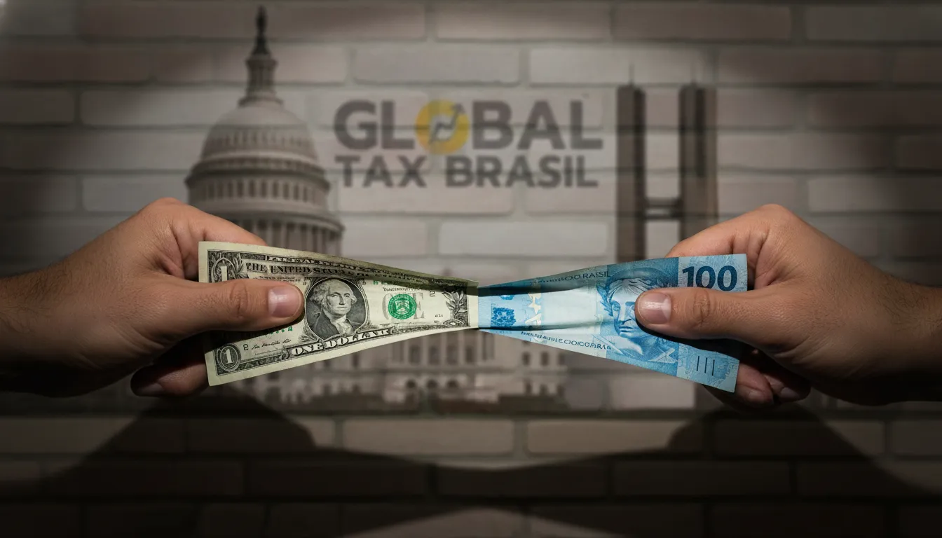 Dólar e Real sendo puxados, representando a bitributação e a complexidade da saída fiscal para renda mundial.