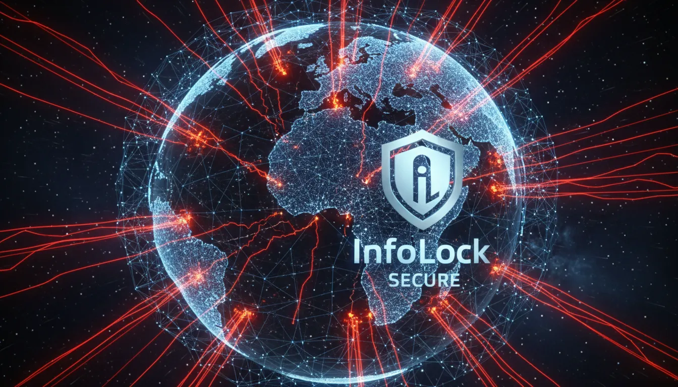 Rede global sob ataque, com InfoLock defendendo contra falhas de segurança e sua exploração.