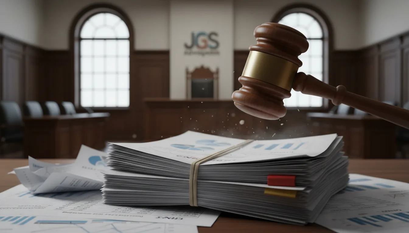 Ação legal representada por um martelo de juiz sobre documentos financeiros, aludindo a problemas com cnpj negativado e a necessidade de assessoria jurídica.