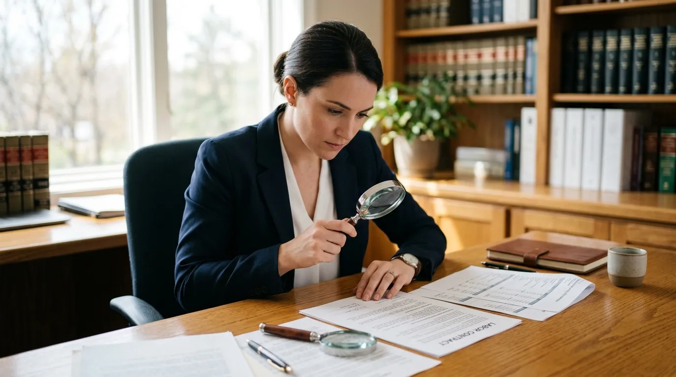 Profissional analisando contrato trabalhista sobre direitos e acúmulo de função no trabalho.