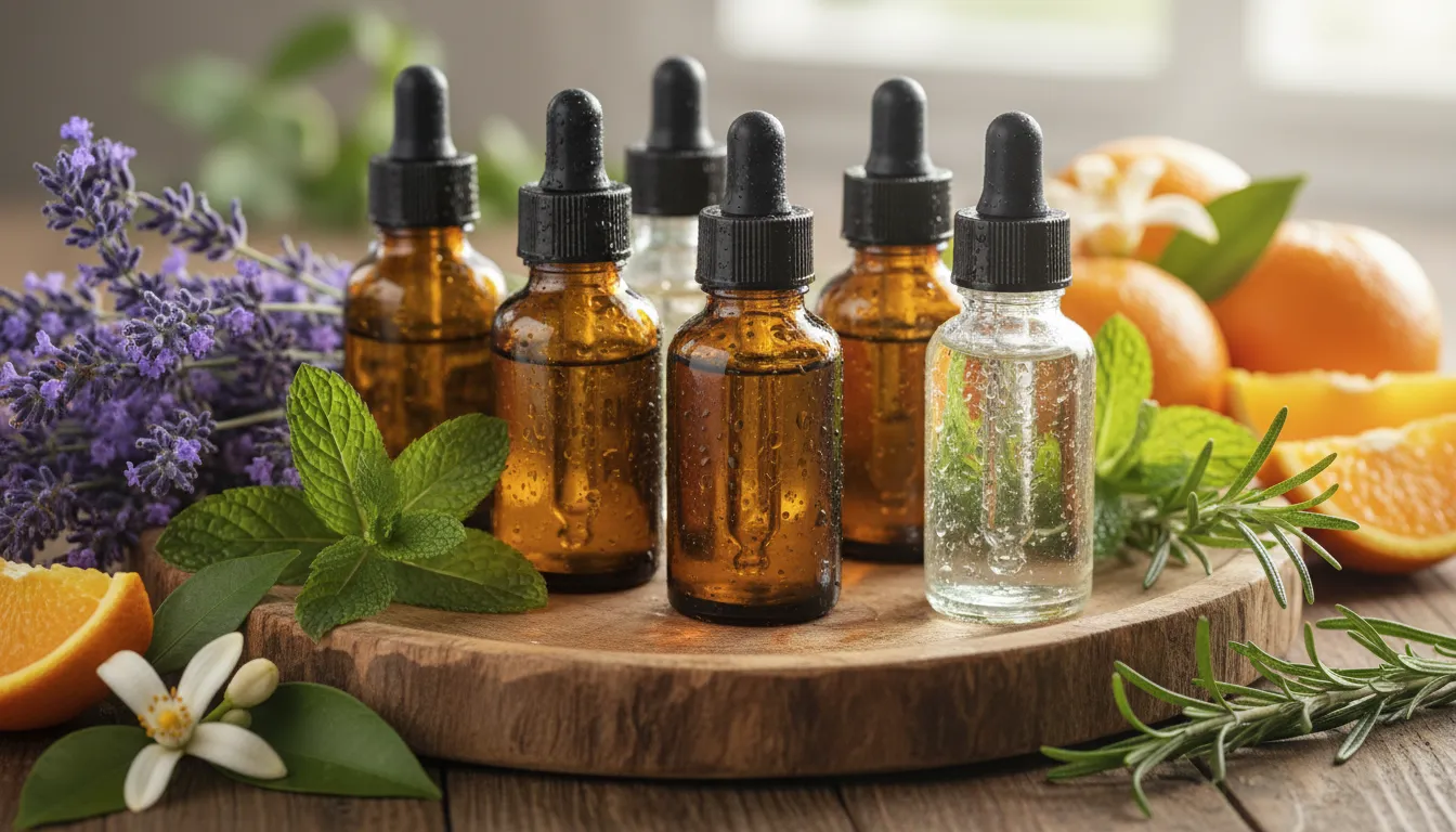 Bandeja com óleos essenciais e plantas frescas, destacando pureza e ingredientes naturais da aromaterapia.