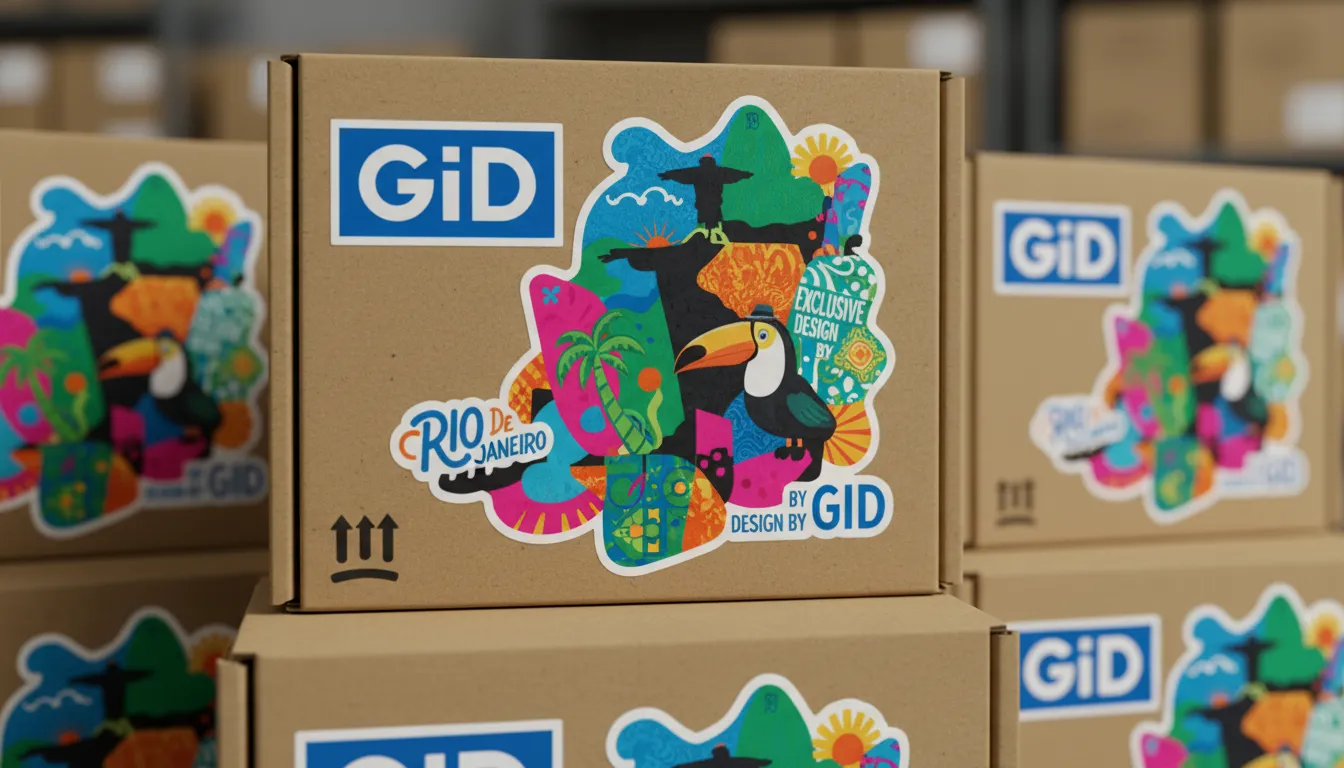 Primer plano de stickers personalizados diseñados por GID para un cliente en Rio. Muestra la calidad de la agencia de marketing rio para tu marca.