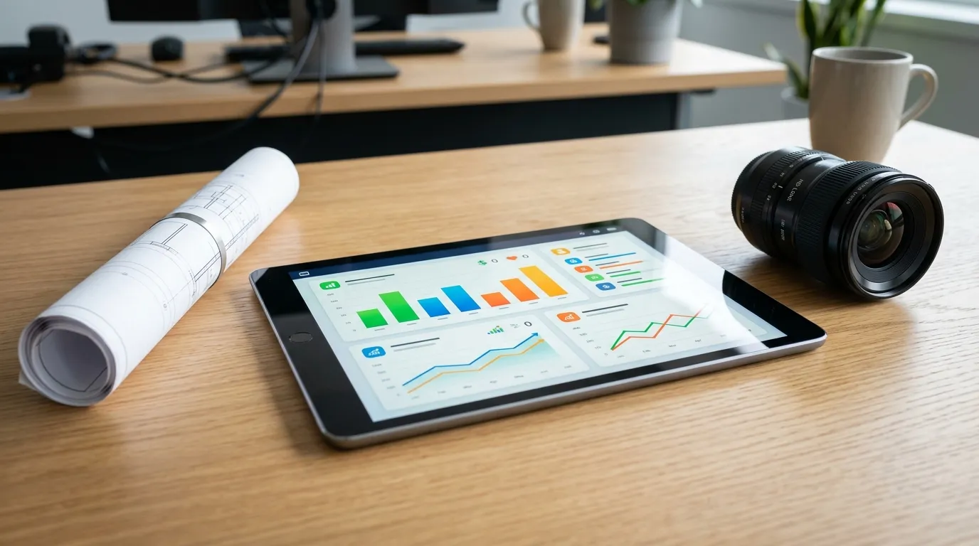 Tablet com tela de dashboard indicadores financeiros ao lado de plantas tecnicas de seguranca.