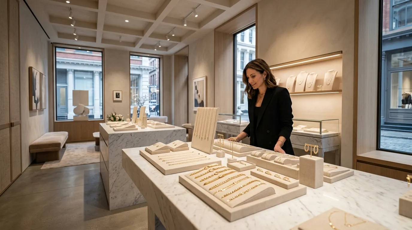 Showroom de luxo destacando o sucesso da moda brasileira em Nova York com acessorios finos.