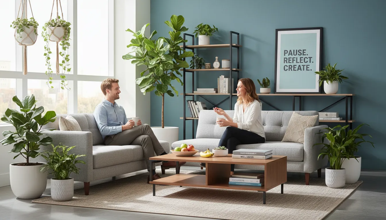 Funcionários desfrutando de uma pausa em espaço relaxante, cercados por plantas e luz natural.