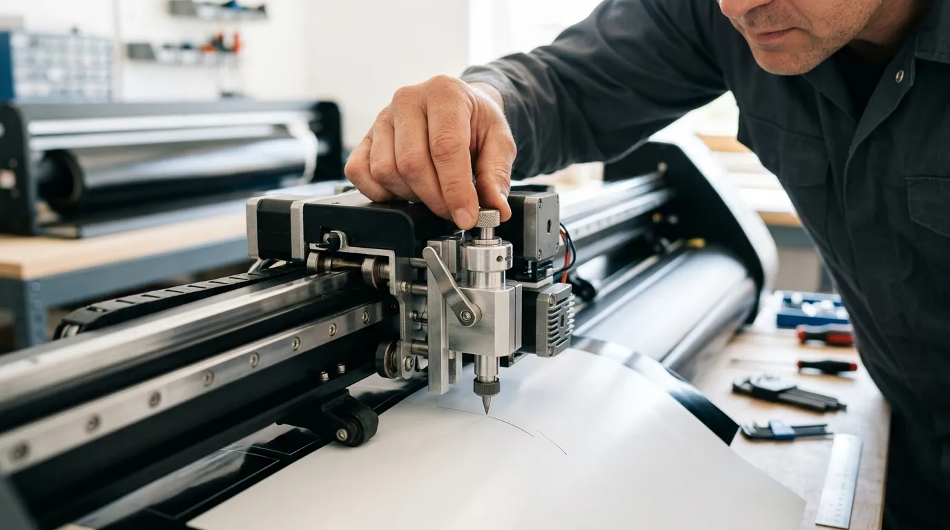 Ajuste de profundidade da lamina plotter de recorte no cabeçote de uma máquina profissional.