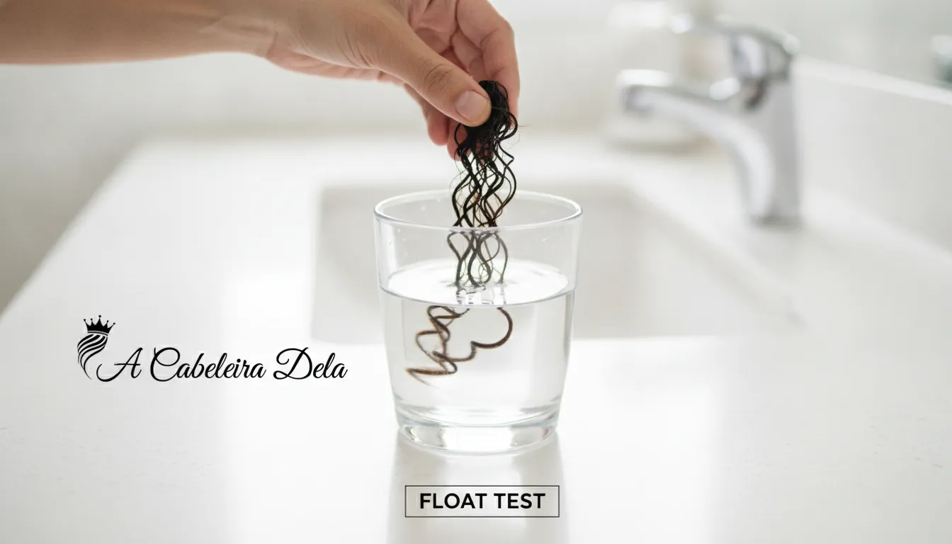 Mãos femininas realizando o teste de porosidade capilar, submergindo o cabelo em um copo com água.