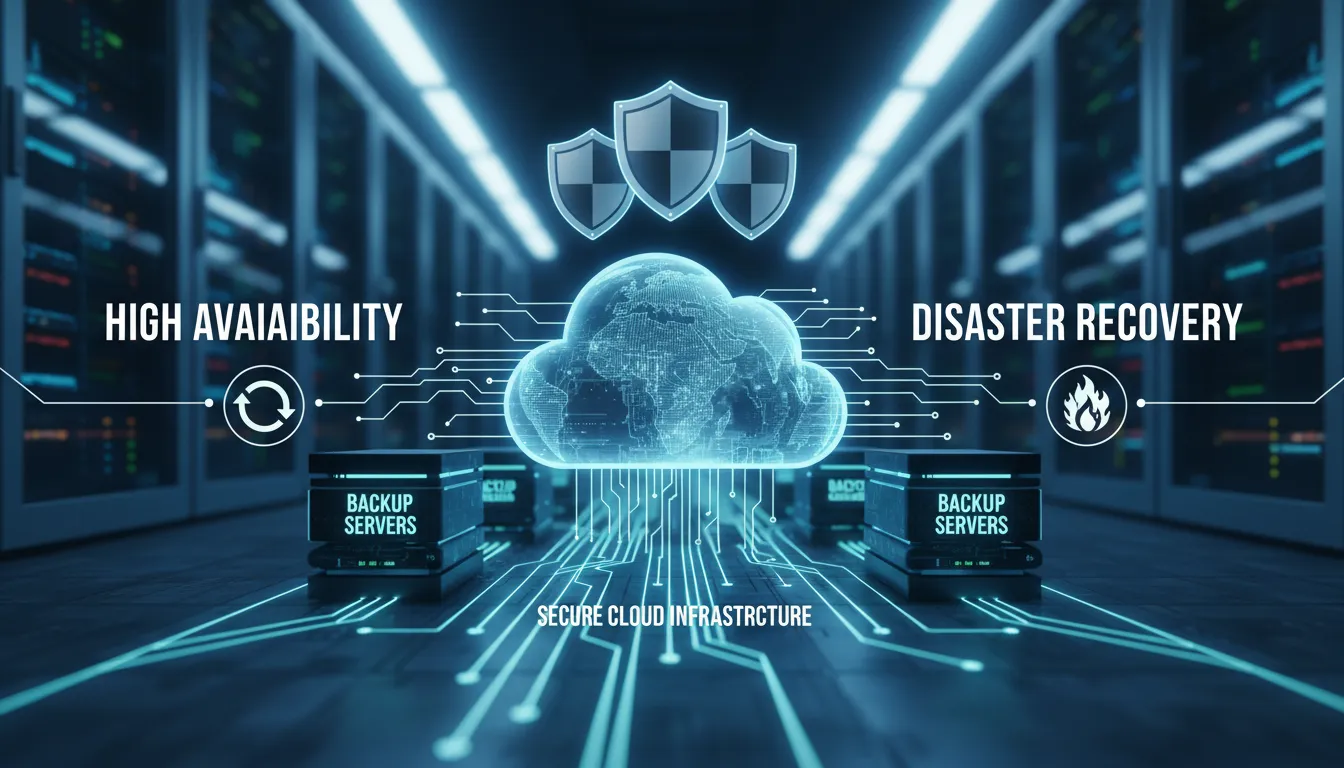 Infraestrutura de nuvem segura com servidores, backup e ícones de escudo representando disponibilidade.