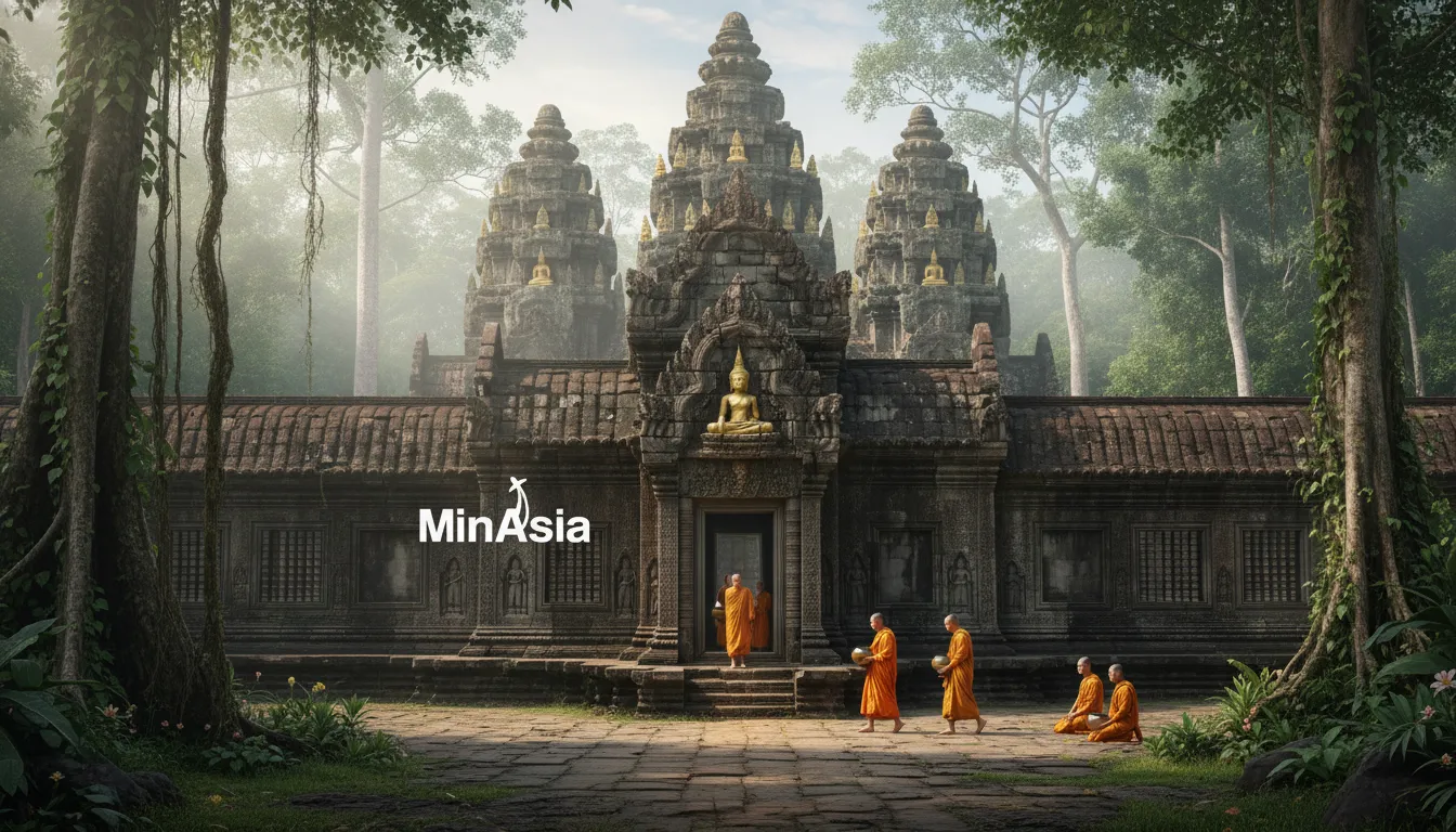 Templo ancestral majestoso no sudeste asiático, com esculturas detalhadas e estátuas douradas.