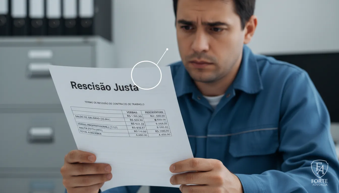 Trabalhador preocupado analisando os valores do cálculo de rescisão trabalhista, com o logo da Forte Advocacia sutilmente visível.