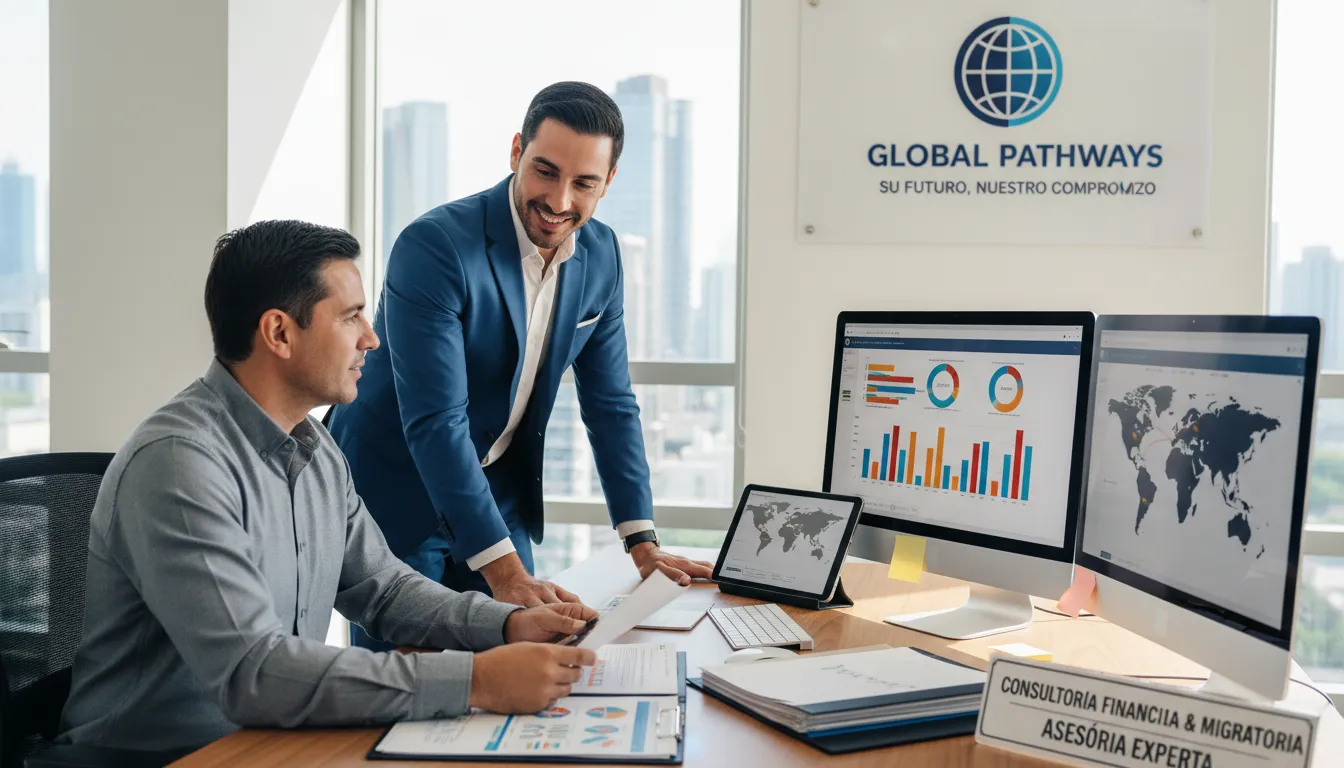 Asesor de consultoría ayudando a cliente hispano con trámites migratorios y financieros en una oficina moderna.