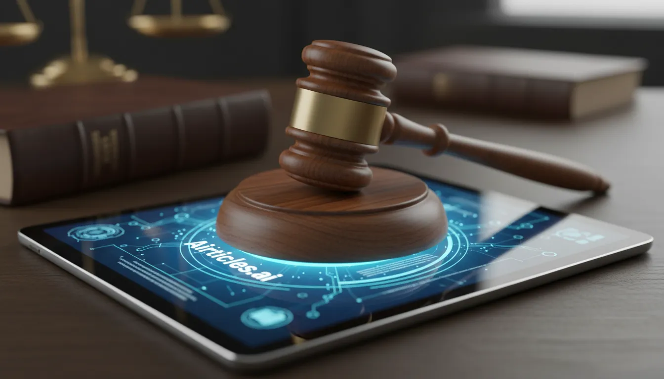 Um close-up de um martelo de juiz em um tablet mostrando uma interface de IA, representando a integração Jurídico AI vs. o sistema legal tradicional da Airticles.