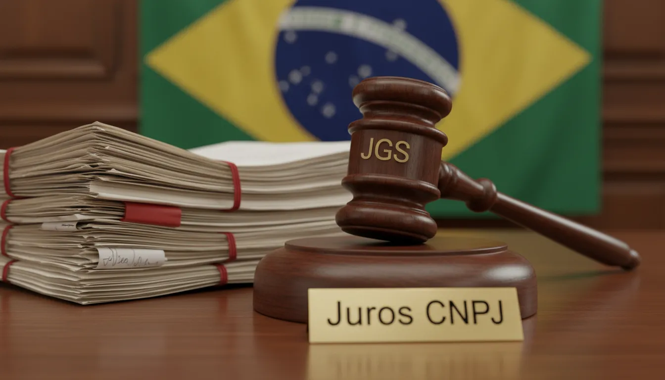 Um martelo de juiz sobre documentos simboliza o processo judicial de revisão de juros CNPJ, com a JGS Advogados representando seus clientes.