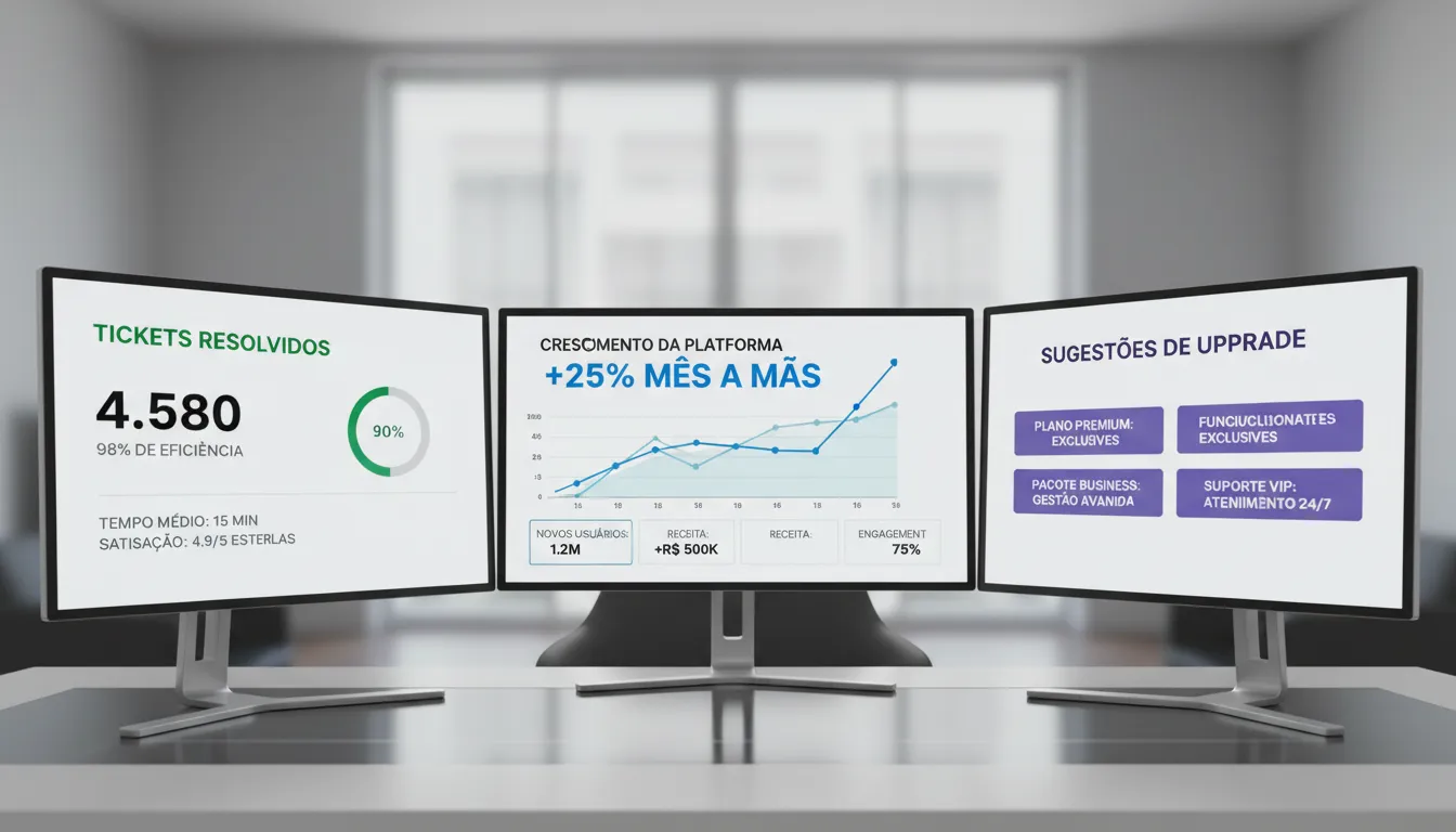 Pós-Venda de Site: O Que Oferecer Depois de Entregar 3 Painel com métricas de crescimento e tickets resolvidos, ilustrando acompanhamento e evolução contínua
