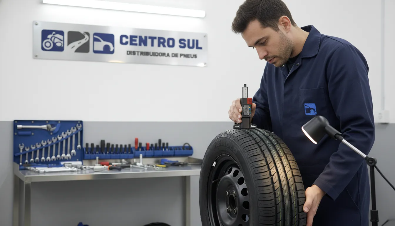 Mecânico inspeciona cuidadosamente pneus remold para aro 13, garantindo segurança e qualidade.