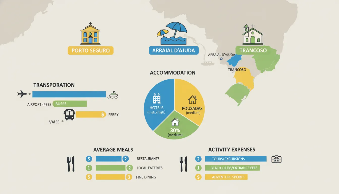 Infográfico detalhado sobre a logística e os custos de uma viagem para Porto Seguro, incluindo Arraial d'Ajuda e Trancoso.