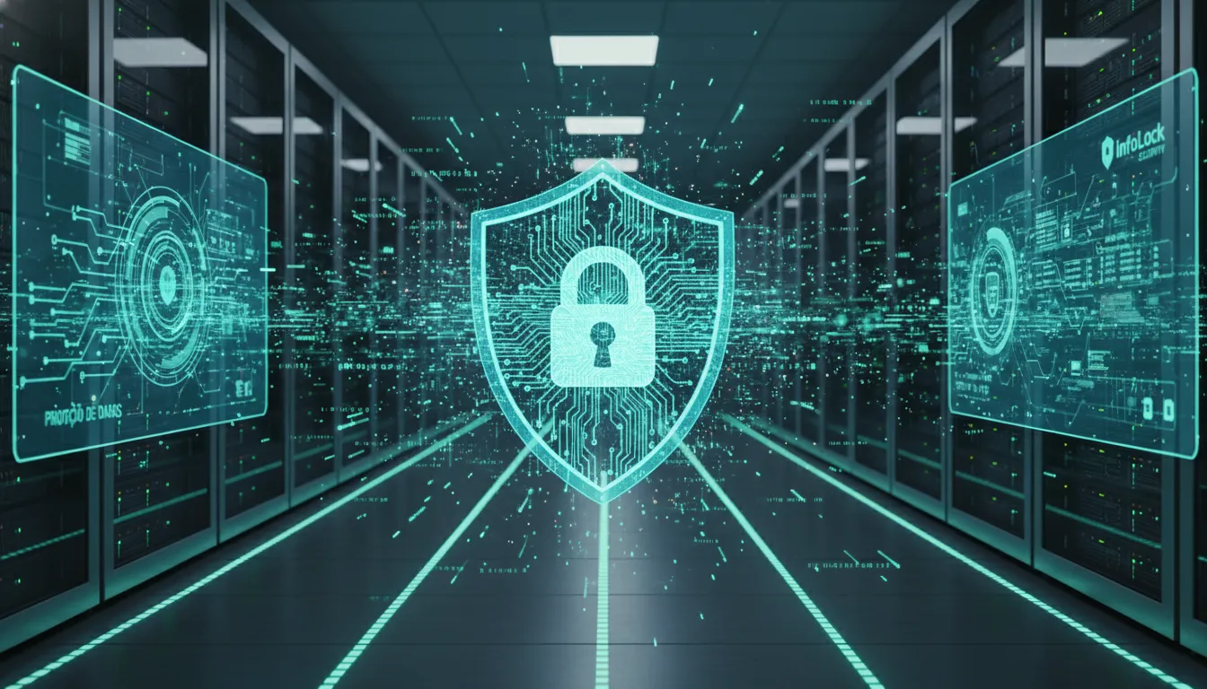 Escudo digital robusto simboliza a proteção de dados da InfoLock e a segurança da linha ética.