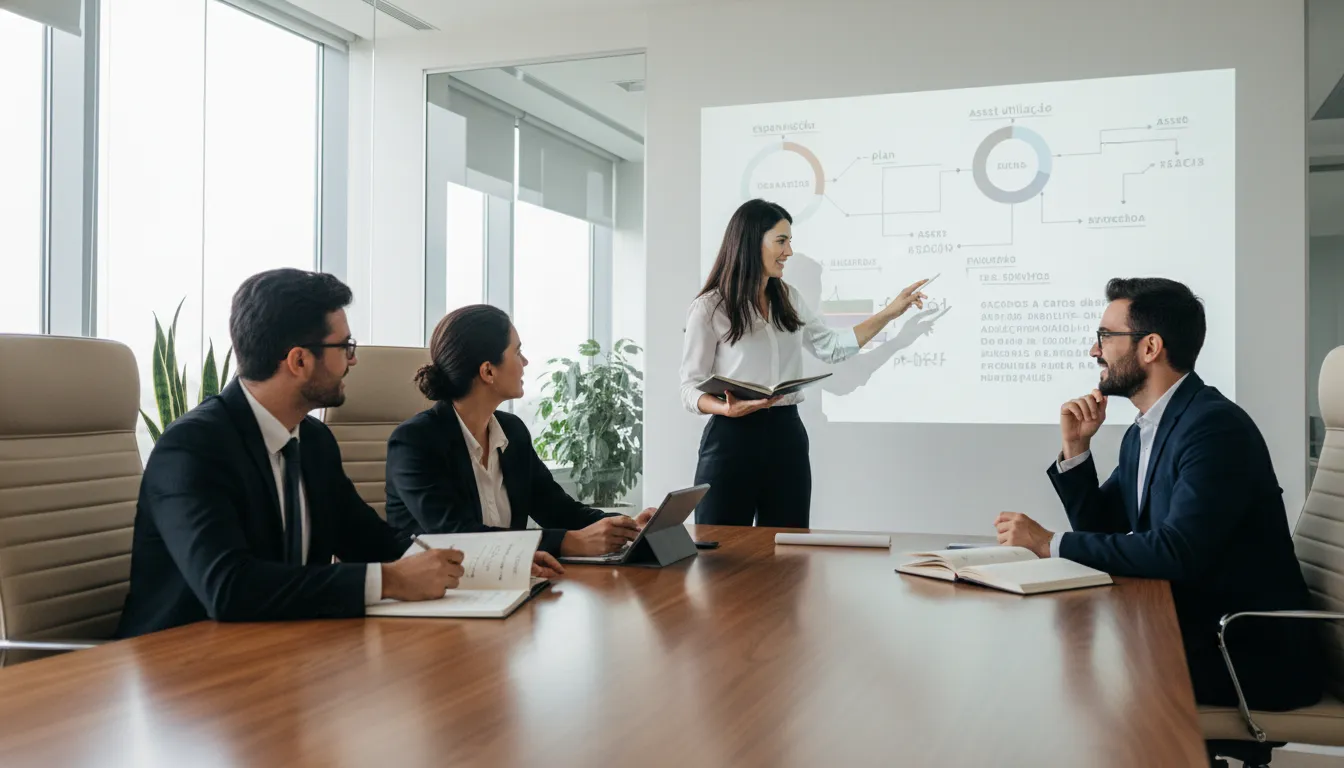 Equipe planeja expansão de negócios utilizando patrimônio como estratégia para reduzir custos financeiros empresa.