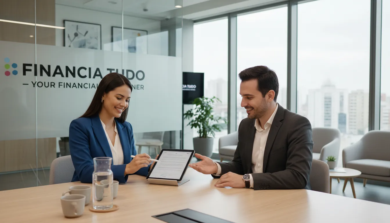 Pessoa assinando acordo financeiro em ambiente de parceria com fintechs, com a Financia Tudo como facilitadora.
