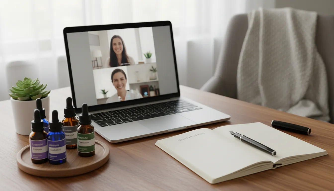 Mesa de terapeuta com óleos essenciais, notebook aberto em consulta online e ambiente acolhedor.
