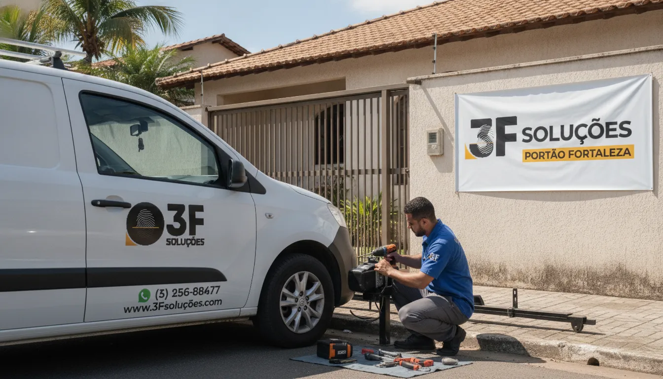 Comprar motor de portão em Fortaleza: Técnico 3F Soluções instalando motor, mostrando serviço profissional.