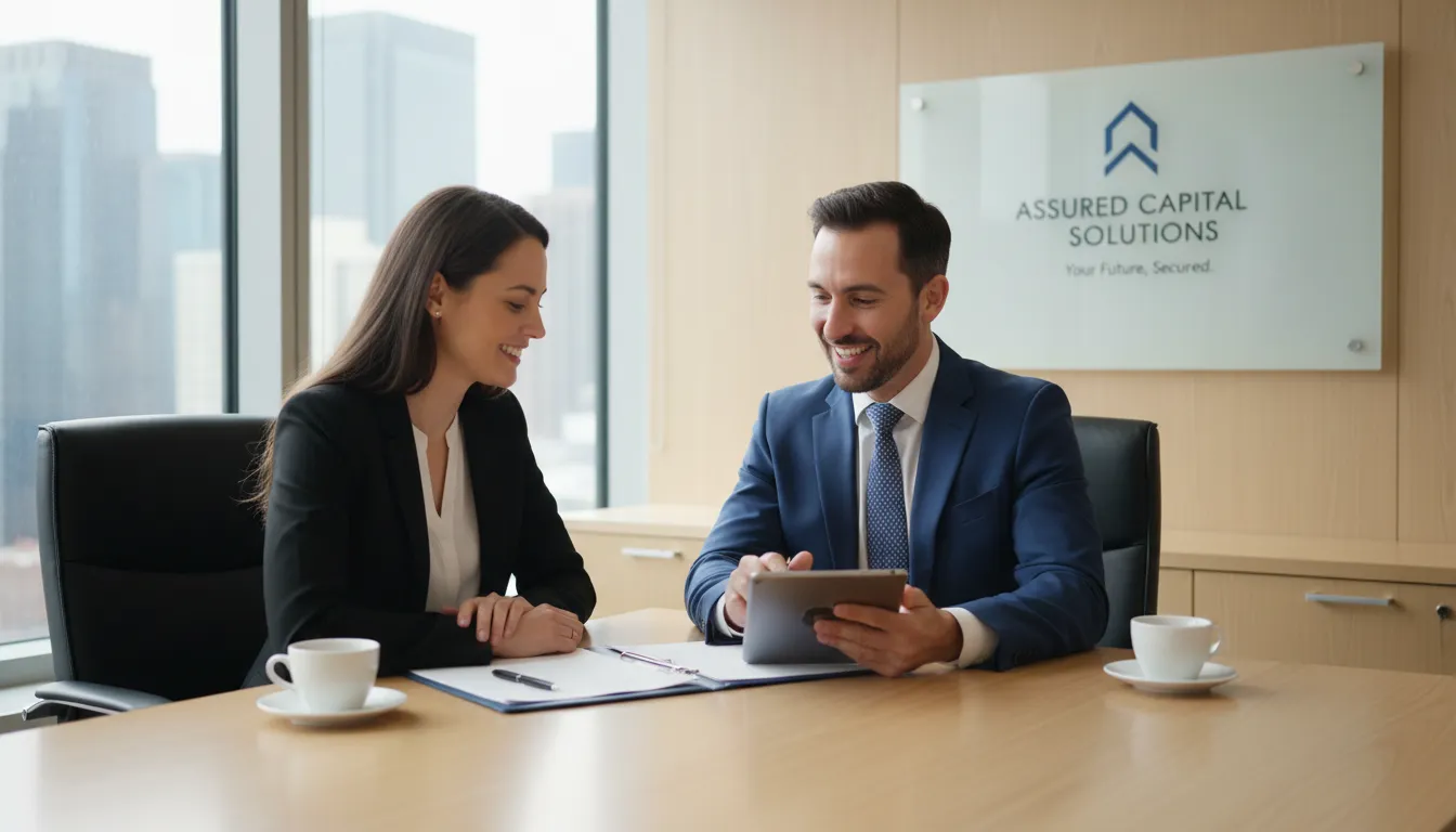Especialista explicando alternativas de crédito com transparência em um escritório moderno e iluminado.