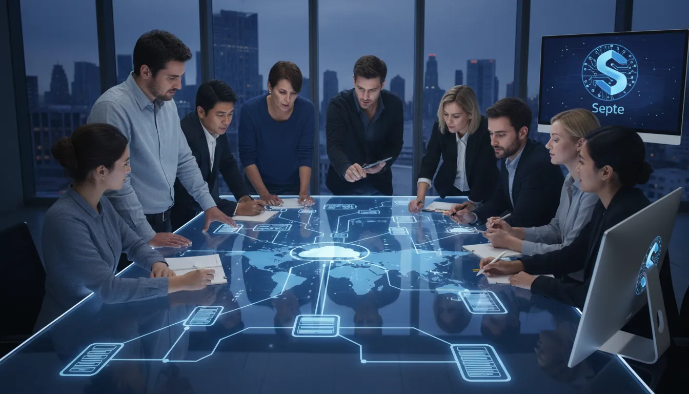 Equipe de TI planejando migração para a nuvem em touchscreen com diagrama de rede da Septe.