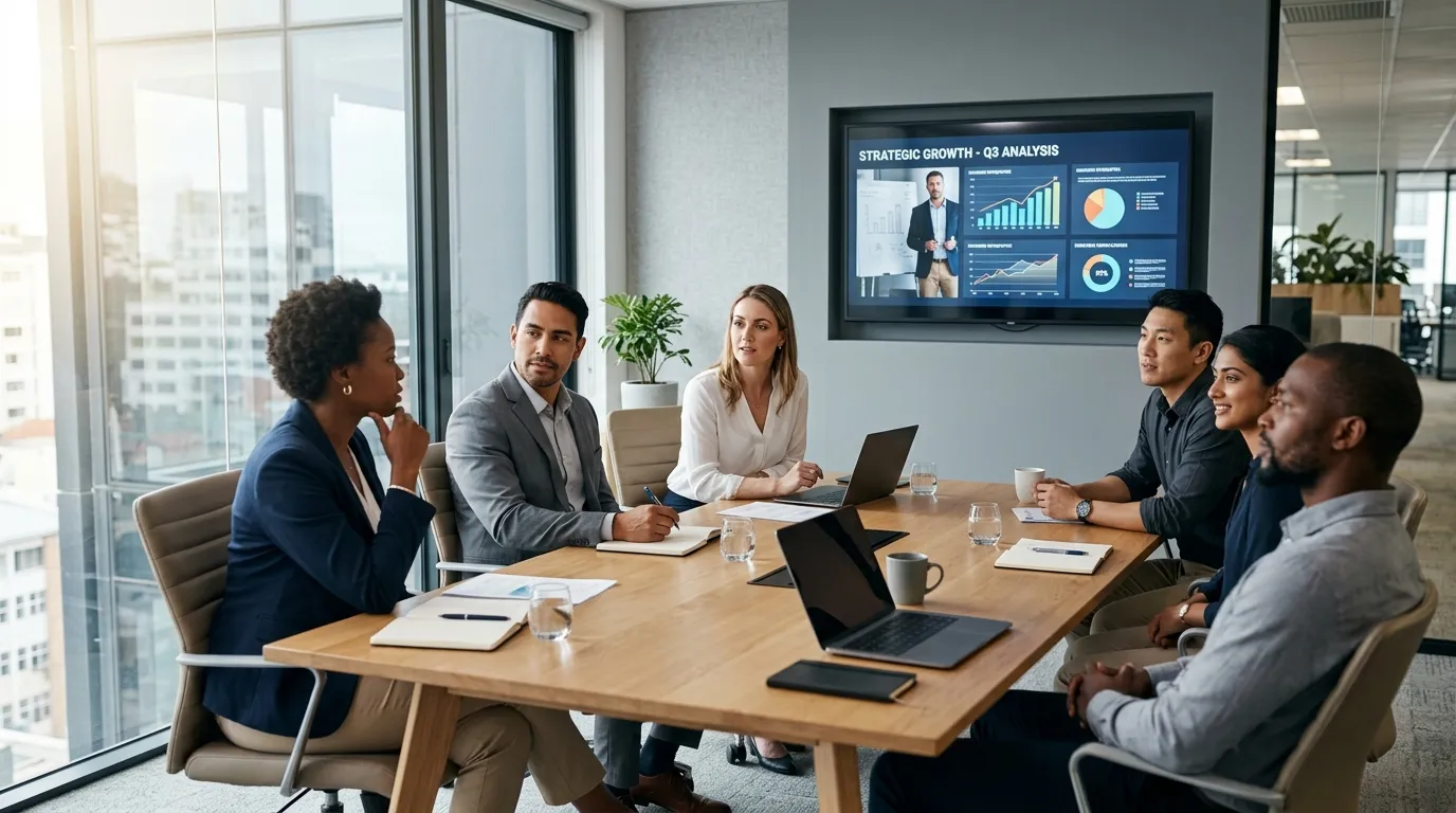 Equipe corporativa analisando o que é vídeo institucional para posicionamento de mercado e autoridade.