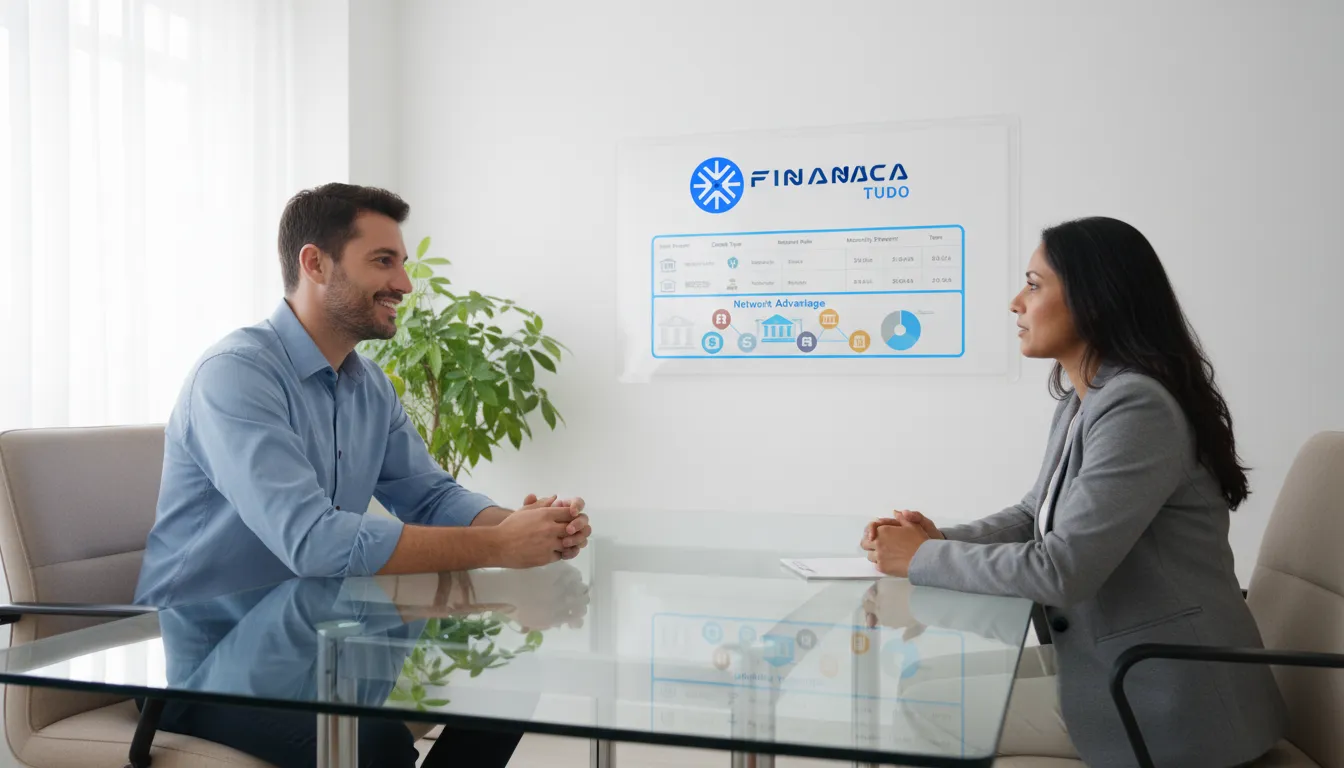 Especialista da Financia Tudo orientando cliente, mostrando como ganhar dinheiro indicando crédito com a segurança da plataforma.