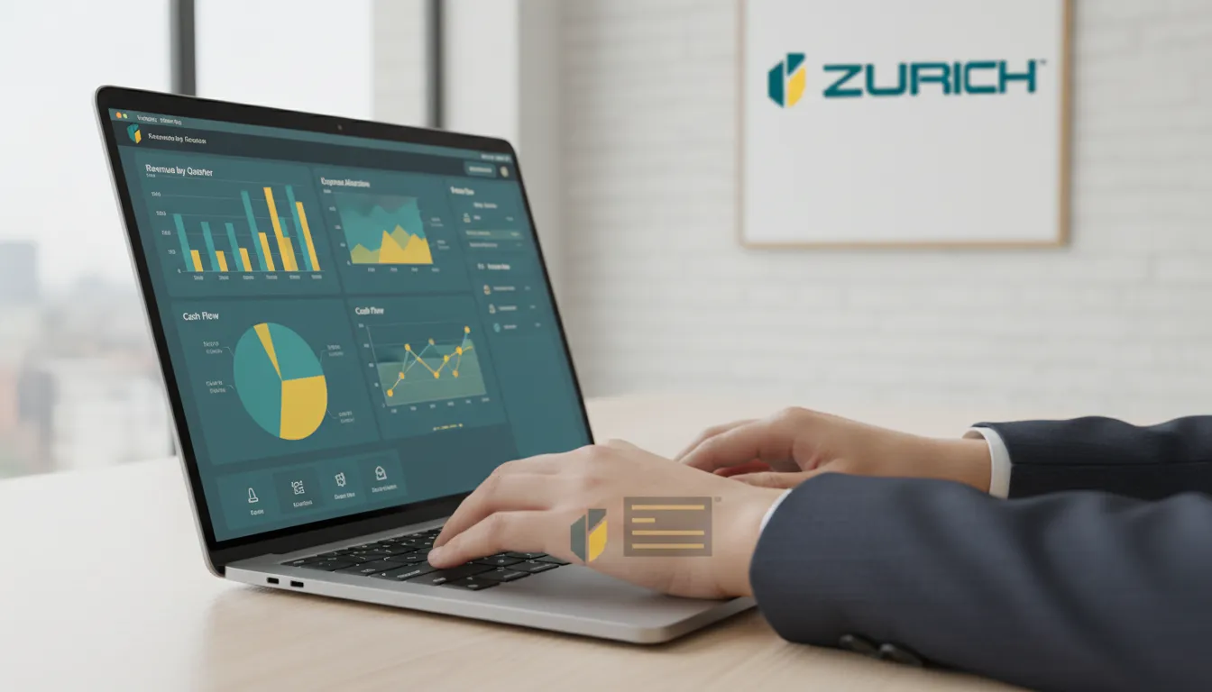 Close-up de mãos inserindo dados em um software de contabilidade, mostrando um painel com gráficos da dre demonstração do resultado do exercício em um laptop.