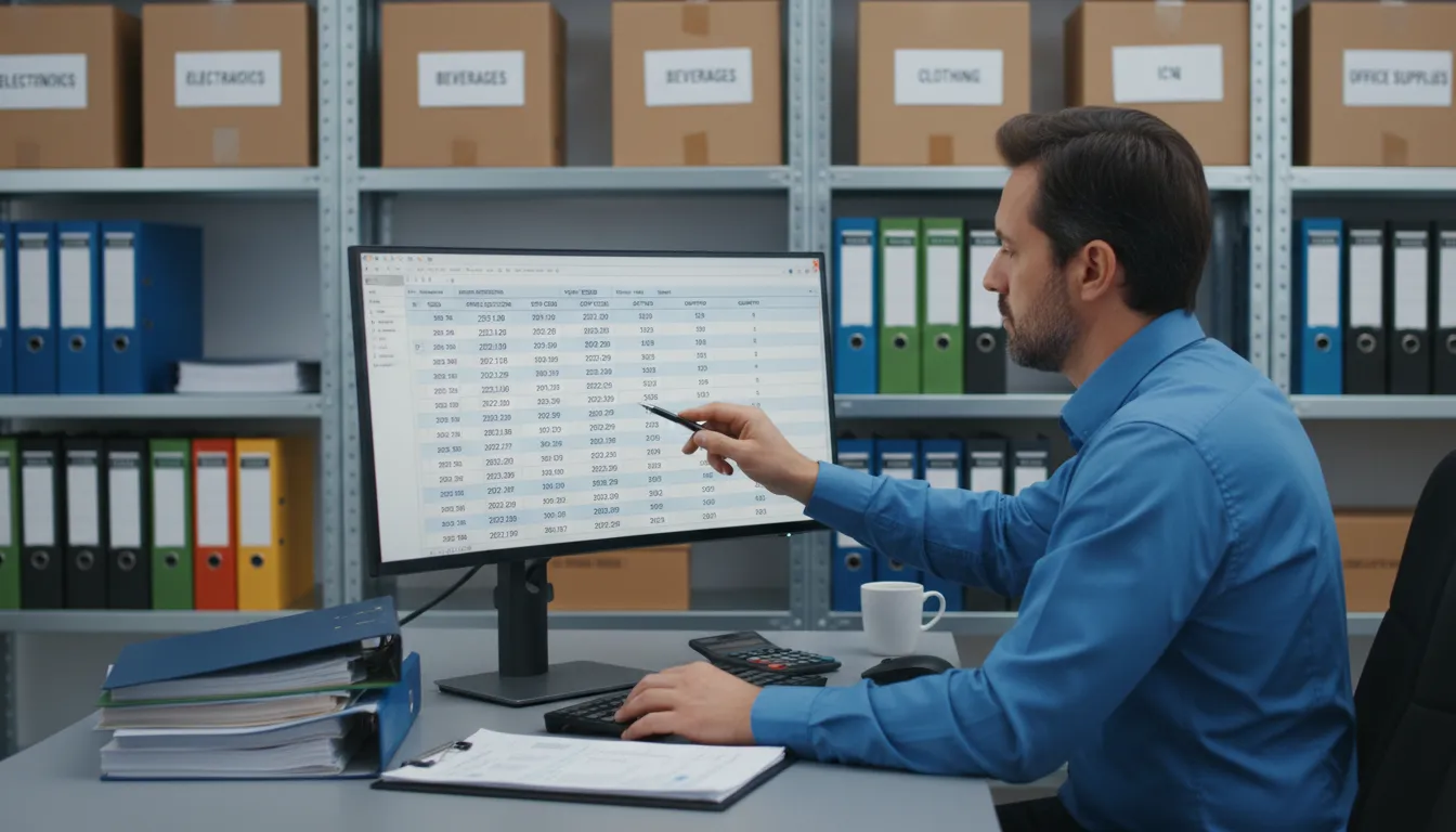 Contador revisando cadastro de itens e códigos fiscais em sistema de gestão integrado.