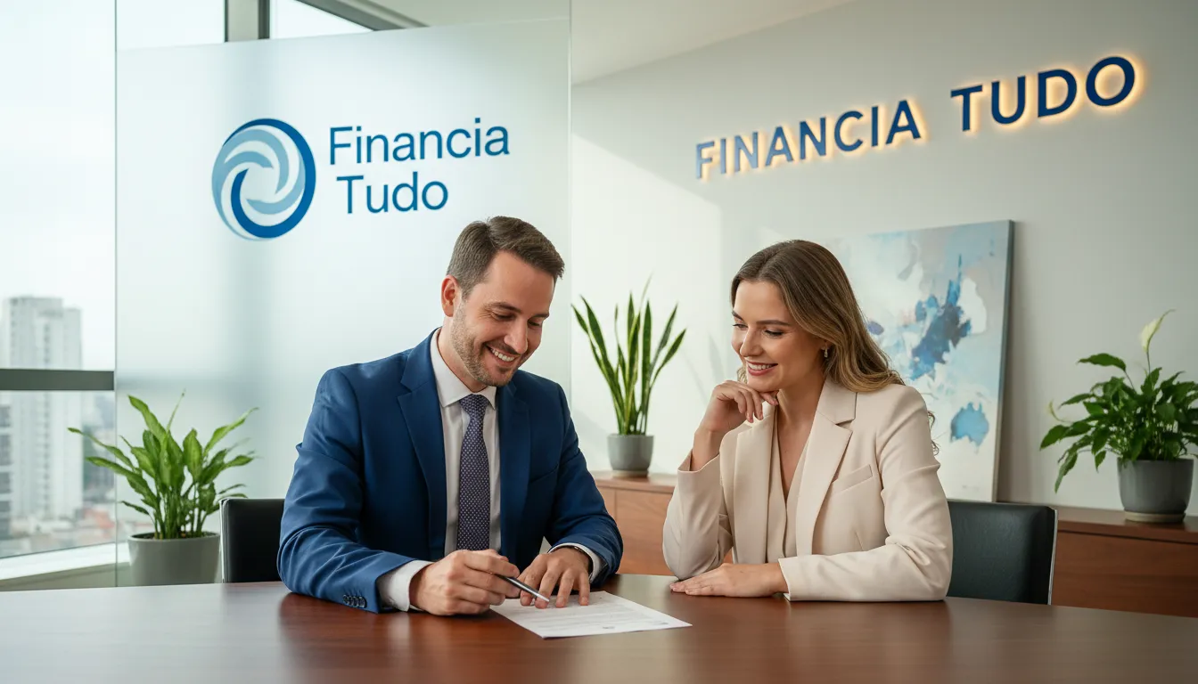 Consultor financeiro e cliente sorrindo durante consulta, planejando como sair das dívidas com o apoio personalizado da Financia Tudo.