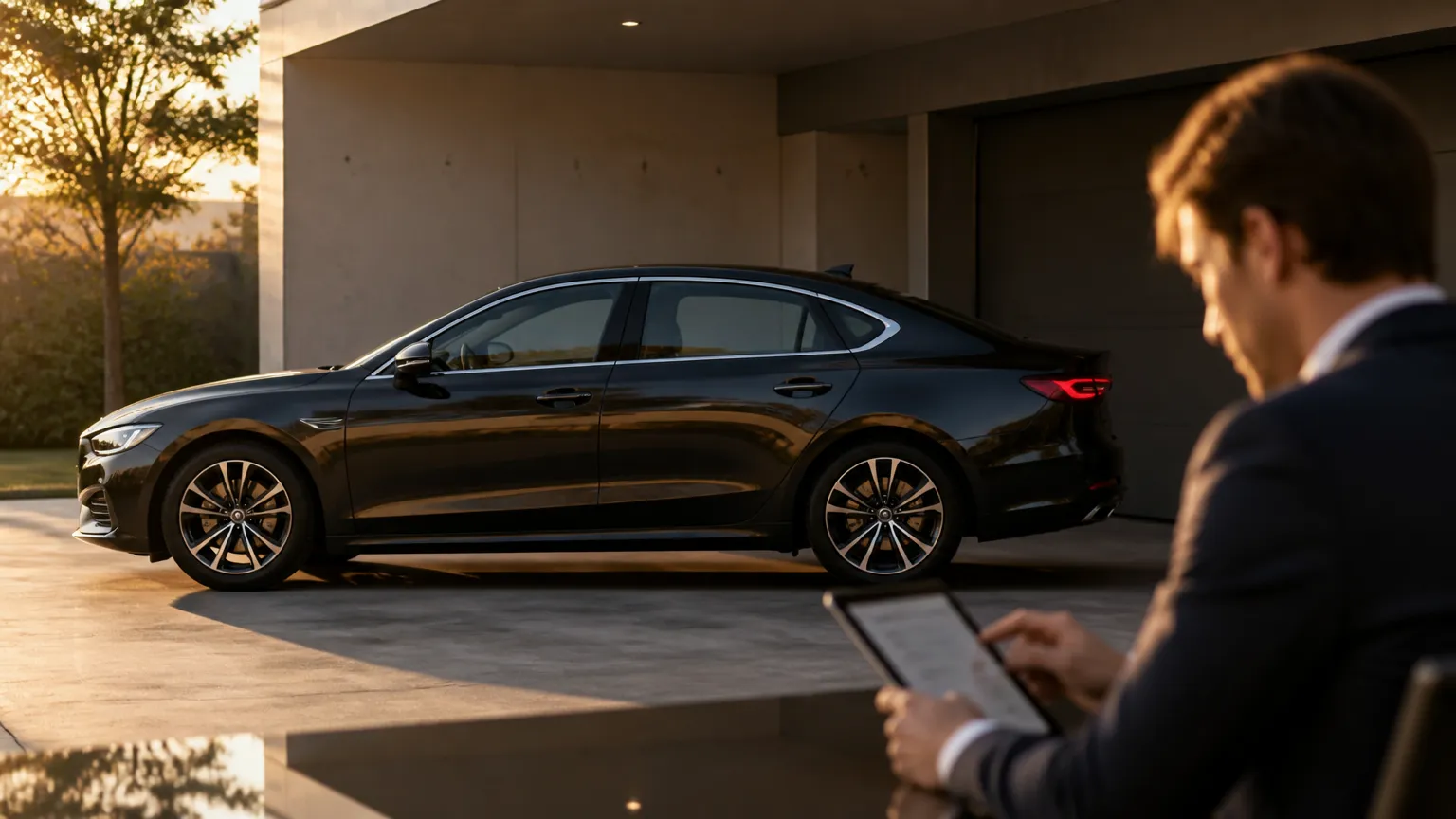 Carro moderno associado a contrato de crédito com veículo em garantia com planejamento financeiro.