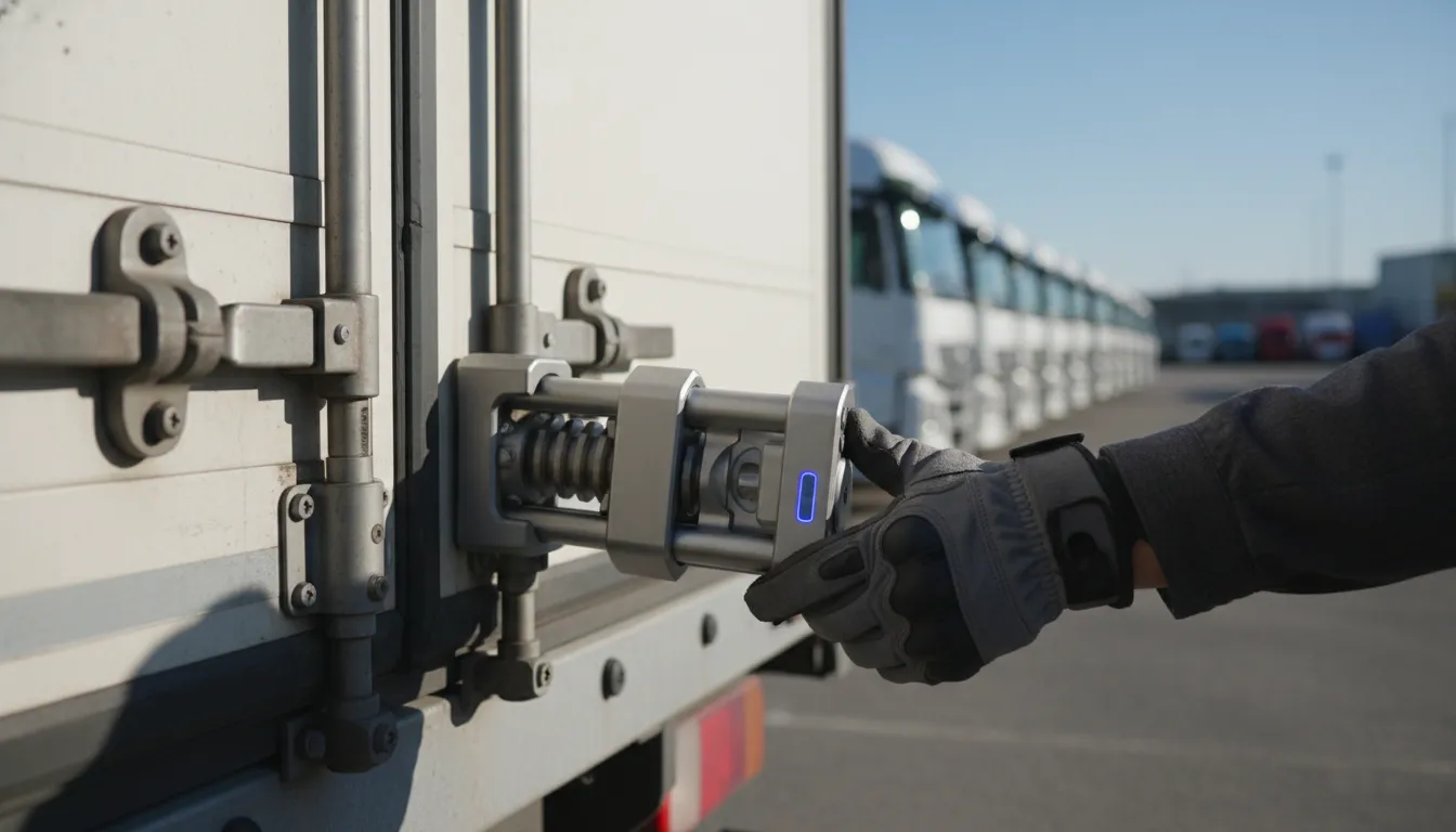 Detalhamento de sistema de proteção caminhão transporte: trava de segurança avançada na porta do baú do caminhão.