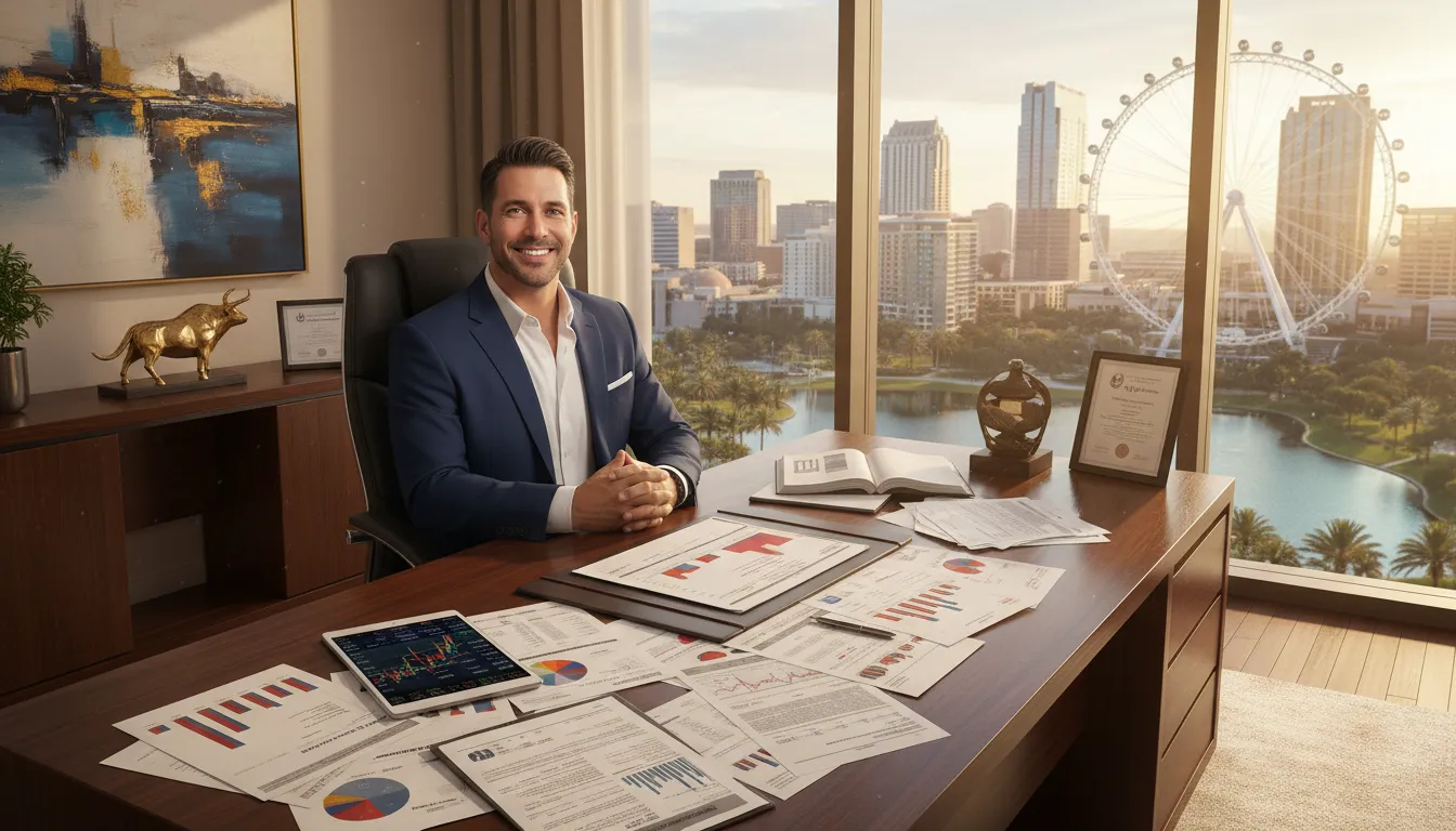 Empresário sorrindo em Orlando, cercado por relatórios financeiros, simbolizando o sucesso do Bookkeeping para Empresas na Florida.