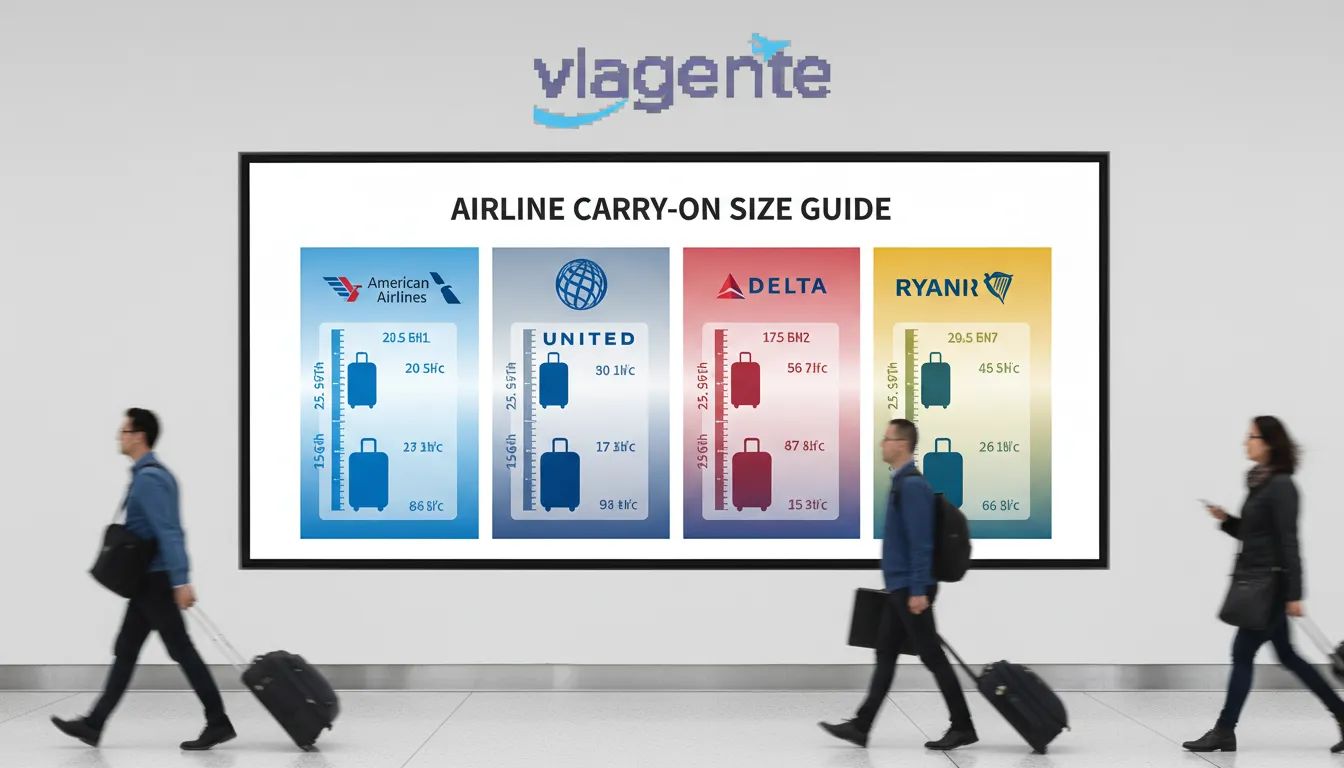 Infográfico comparando as dimensões máximas permitidas para o tamanho bagagem de mão em diferentes companhias aéreas populares.