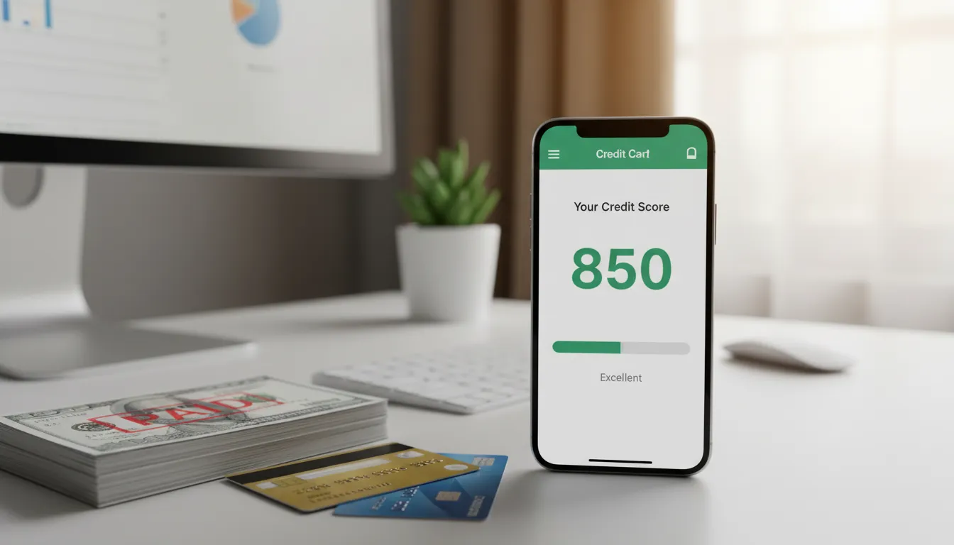 Aplicativo de score de crédito mostrando pontuação elevada ao lado de contas pagas