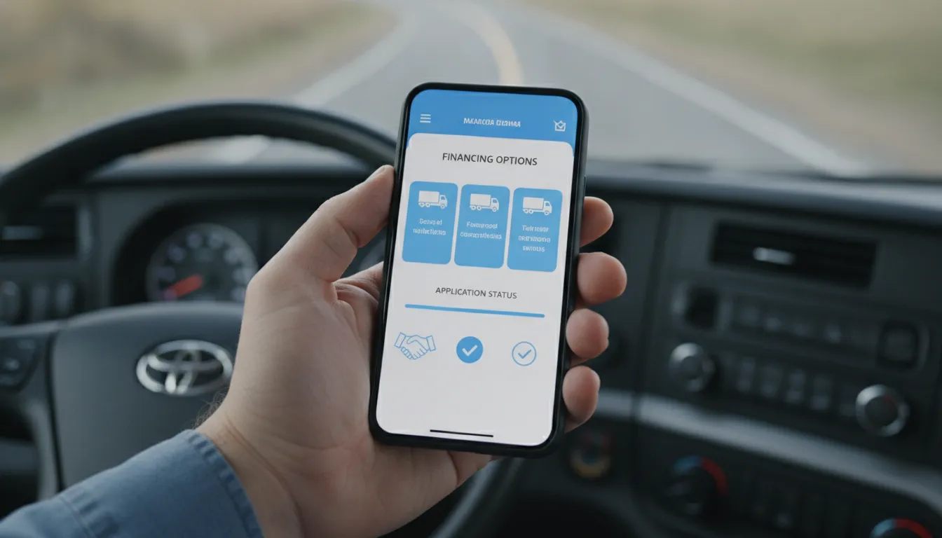 Tela de smartphone mostrando processo ágil de financiamento para caminhoneiro iniciante, Financia Tudo.
