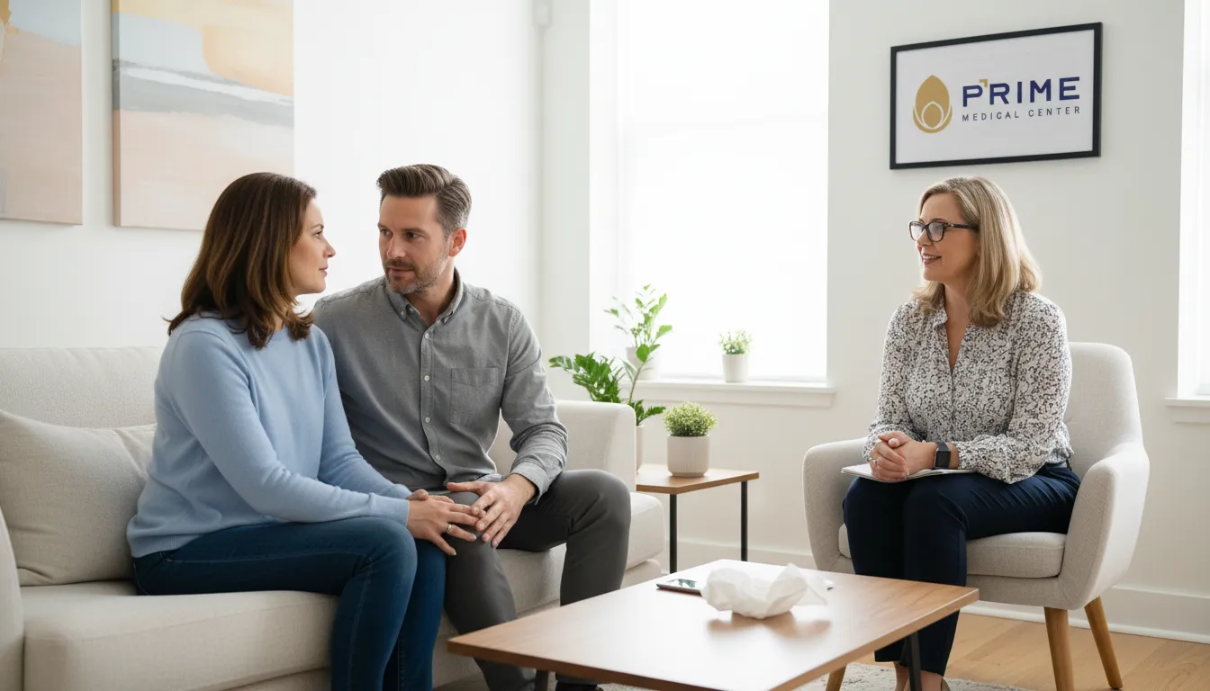 Casal em terapia discute questões de intimidade e disfunção erétil psicológica com uma terapeuta compreensiva.