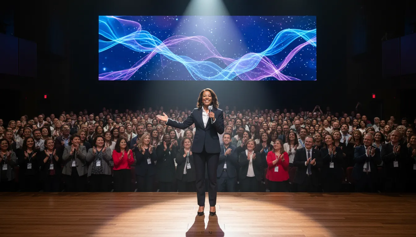 Orador confiante no palco, utilizando PNL para inspirar a audiência com uma mensagem poderosa e comunicação carismática.