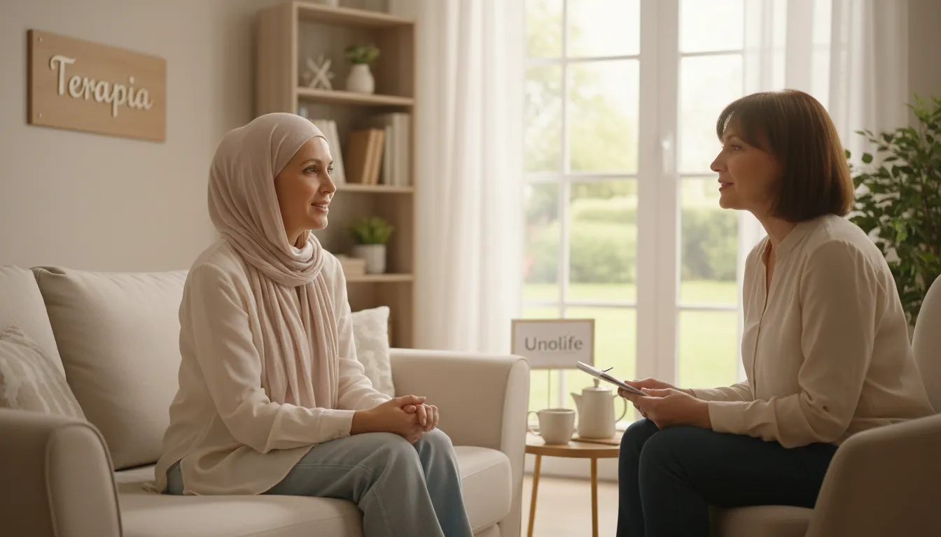Mulher em terapia, buscando apoio emocional durante o tratamento de câncer de mama. Unolife oferece suporte especializado.