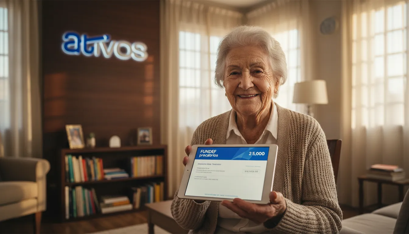 Professora idosa sorri ao receber compensação financeira dos precatórios FUNDEF, aliviada após anos de espera.