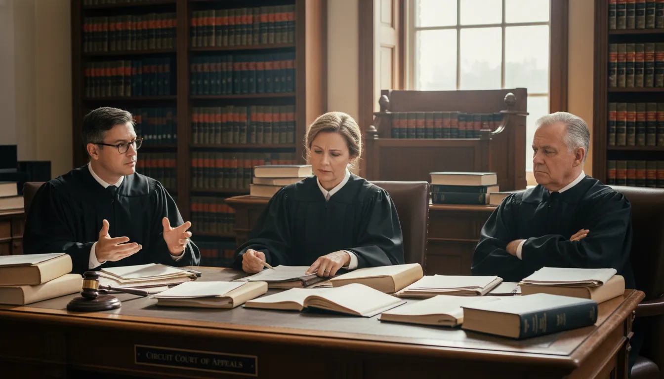 Três desembargadores analisando divergências em julgamento colegiado, enfatizando o debate judicial