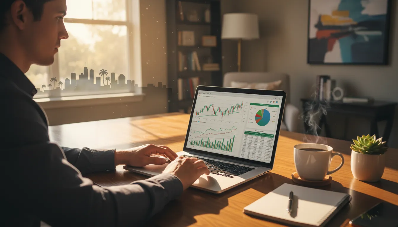 Persona trabajando remotamente con datos financieros de una oficina de contabilidad en Orlando.